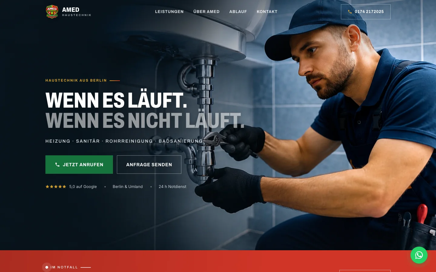 AMED Haustechnik Berlin website: plumber at work, heating, sanitary, drain cleaning