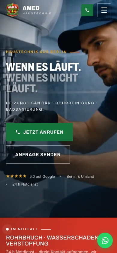AMED Haustechnik – homepage on a smartphone