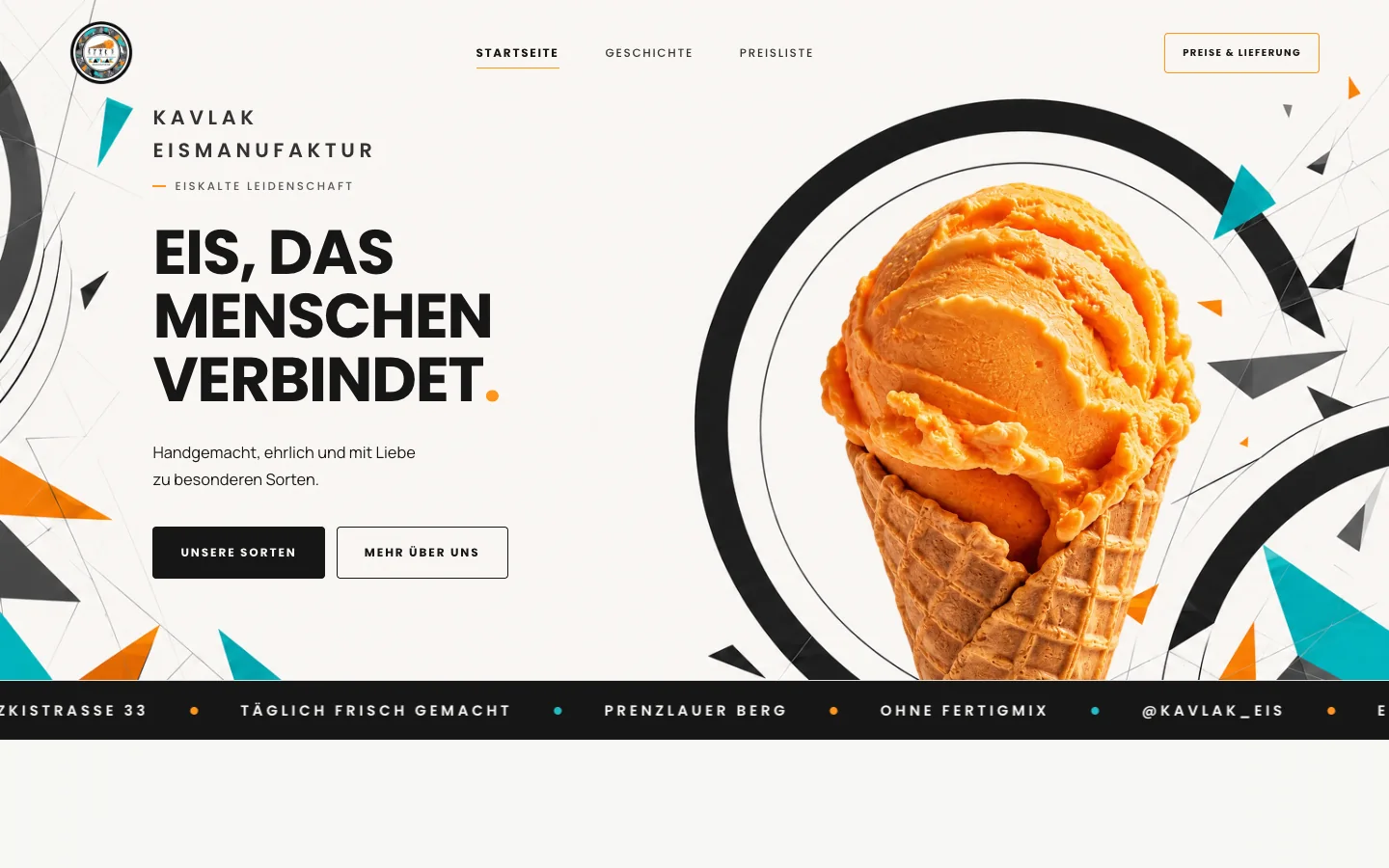 Original KAVLAK website view with mango ice cream and distinctive typography